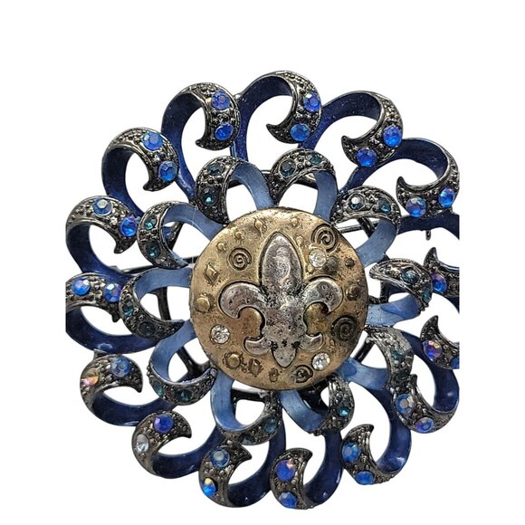 Fleur De Lis Swirl Brooch Royal Blue Gun Metal Gray Rhinestone Sparkle - Picture 3 of 15